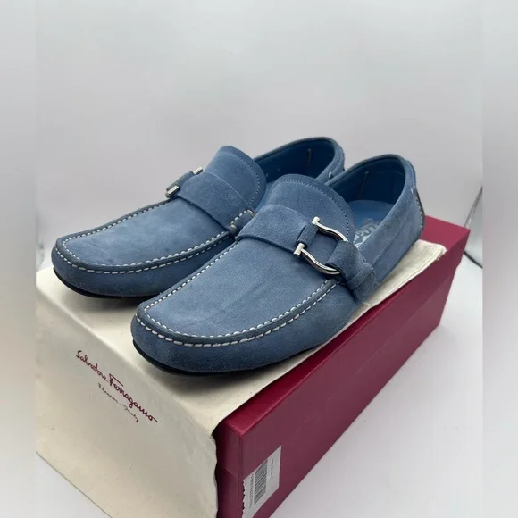 Salvatore Ferragamo Men Driving Suede Blue Moccasin Loafers Logo Sz 9 D - Picture 6 of 16